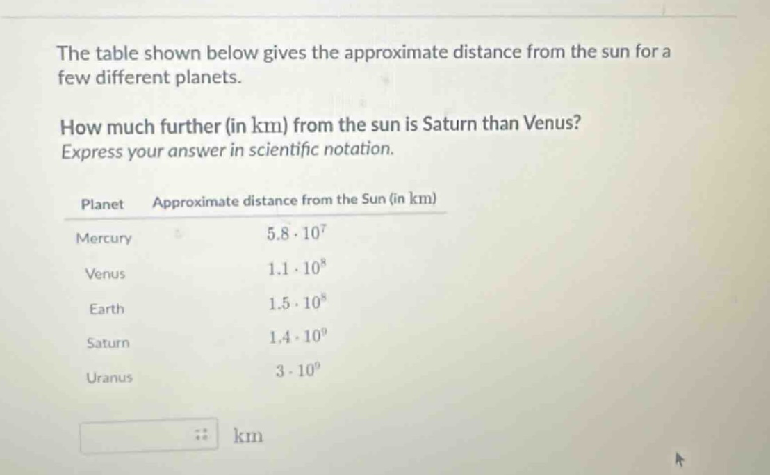 the table shown below gives the approximate distance from the sun for a few different planets. how much further (in km) from the sun is saturn than venus? express your answer in scientific notation. planet approximate distance from the sun (in km) mercury 5.8·10^7 venus 1.1·10^8 earth 1.5·10^8 saturn 1.4·10^9 uranus 3·10^9