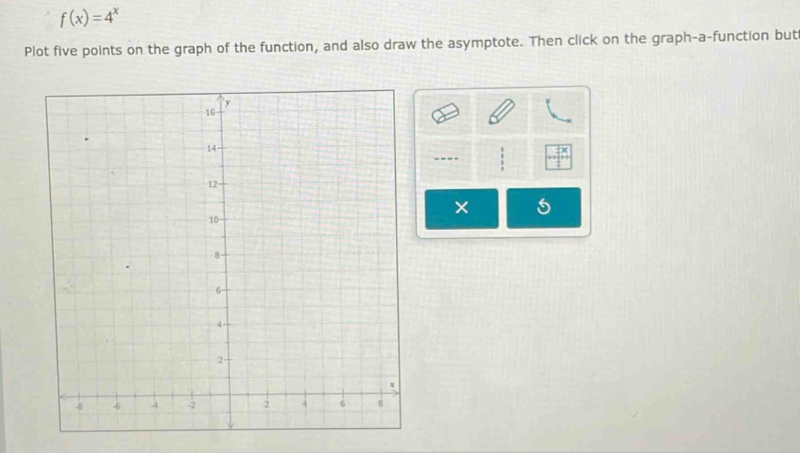 f(x)=4^x plot five points on the graph of the function, and also draw the asymptote. then click on the graph - a - function but
