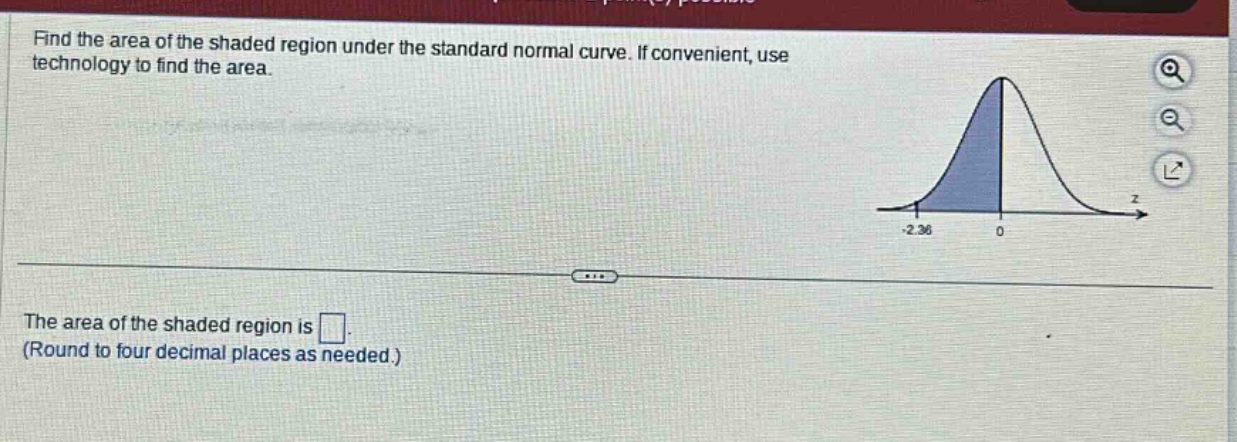 find the area of the shaded region under the standard normal curve. if convenient, use technology to find the area. the area of the shaded region is . (round to four decimal places as needed.)
