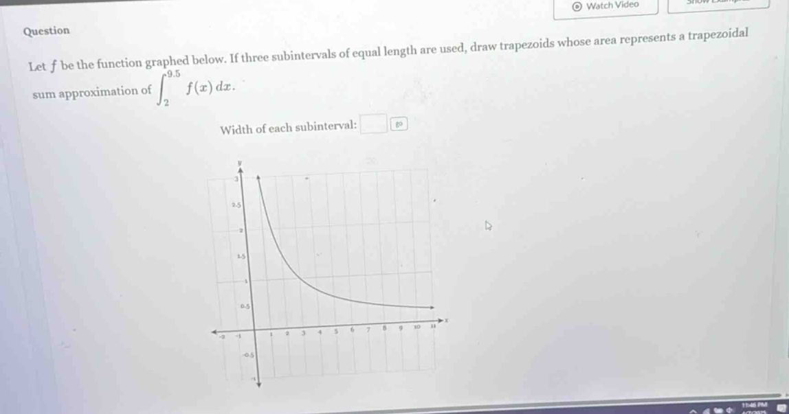 question let f be the function graphed below. if three subintervals of equal length are used, draw trapezoids whose area represents a trapezoidal sum approximation of ∫₂⁹.⁵ f(x) dx. width of each subinterval: