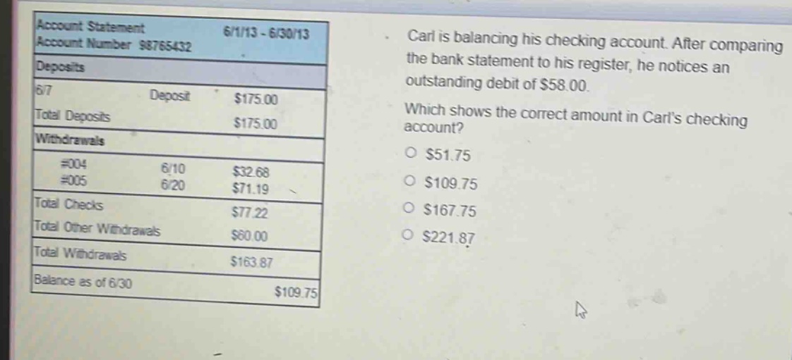 account statement 6/1/13 - 6/30/13 account number 98765432 deposits 6/7 deposit $175.00 total deposits $175.00 withdrawals #004 6/10 $32.68 #005 6/20 $71.19 total checks $77.22 total other withdrawals $60.00 total withdrawals $163.87 balance as of 6/30 $109.75 carl is balancing his checking account. after comparing the bank statement to his register, he notices an outstanding debit of $58.00. which shows the correct amount in carls checking account? $51.75 $109.75 $167.75 $221.87