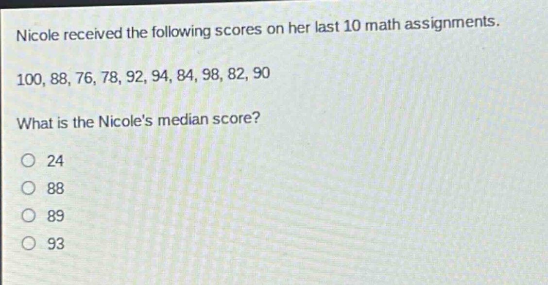 nicole received the following scores on her last 10 math assignments. 100, 88, 76, 78, 92, 94, 84, 98, 82, 90 what is the nicoles median score? 24 88 89 93