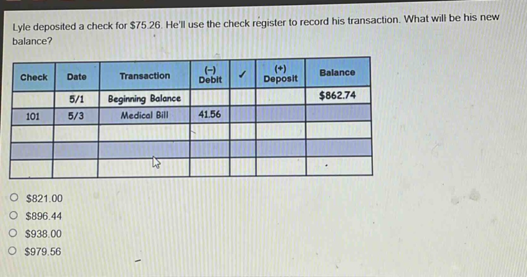 lyle deposited a check for $75.26. hell use the check register to record his transaction. what will be his new balance? check date transaction (-) debit (+) deposit balance 5/1 beginning balance $862.74 101 5/3 medical bill 41.56 $821.00 $896.44 $938.00 $979.56