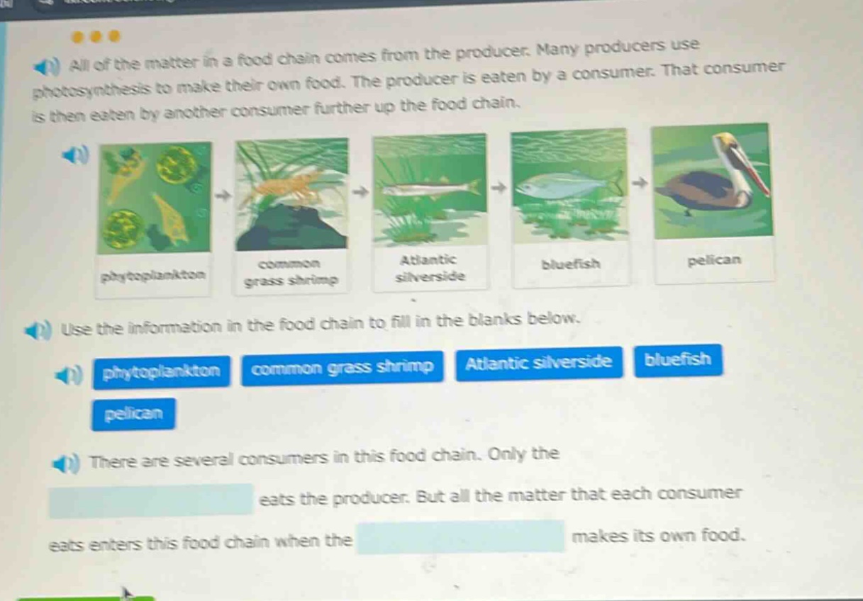 all of the matter in a food chain comes from the producer. many producers use photosynthesis to make their own food. the producer is eaten by a consumer. that consumer is then eaten by another consumer further up the food chain. use the information in the food chain to fill in the blanks below. there are several consumers in this food chain. only the eats the producer. but all the matter that each consumer eats enters this food chain when the makes its own food.