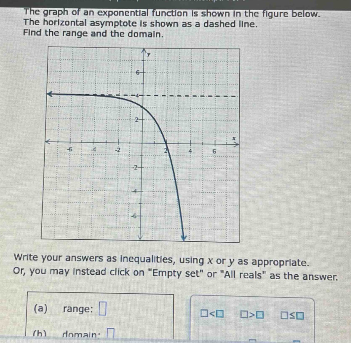 the graph of an exponential function is shown in the figure below. the horizontal asymptote is shown as a dashed line. find the range and the domain. write your answers as inequalities, using x or y as appropriate. or, you may instead click on \empty set\ or \all reals\ as the answer. (a) range: (b) domain: