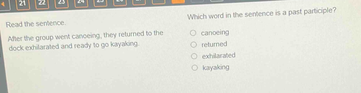 read the sentence. after the group went canoeing, they returned to the dock exhilarated and ready to go kayaking. which word in the sentence is a past participle? canoeing returned exhilarated kayaking