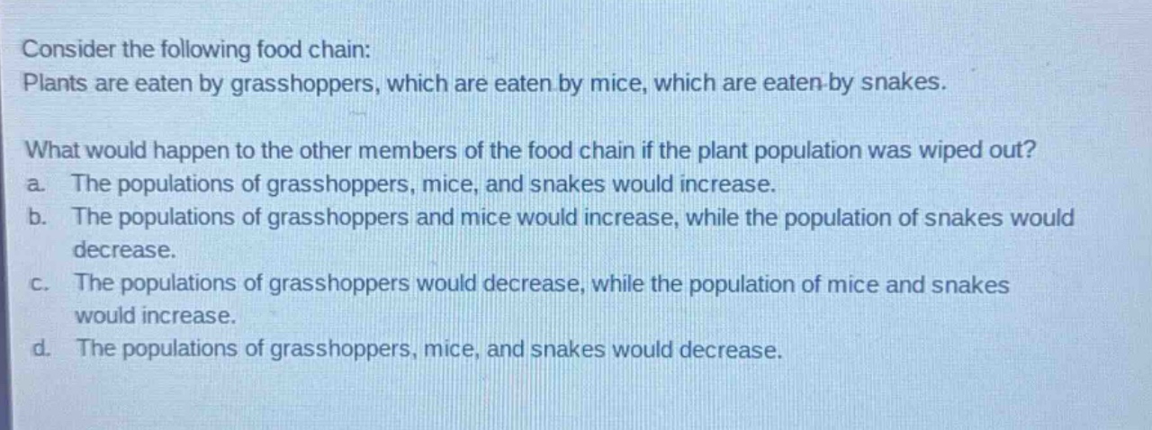 consider the following food chain: plants are eaten by grasshoppers, which are eaten by mice, which are eaten by snakes. what would happen to the other members of the food chain if the plant population was wiped out? a. the populations of grasshoppers, mice, and snakes would increase. b. the populations of grasshoppers and mice would increase, while the population of snakes would decrease. c. the populations of grasshoppers would decrease, while the population of mice and snakes would increase. d. the populations of grasshoppers, mice, and snakes would decrease.
