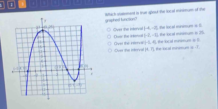 which statement is true about the local minimum of the graphed function? over the interval -4,-2, the local minimum is 0. over the interval -2,-1, the local minimum is 25. over the interval -1,4, the local minimum is 0. over the interval 4,7, the local minimum is -7.