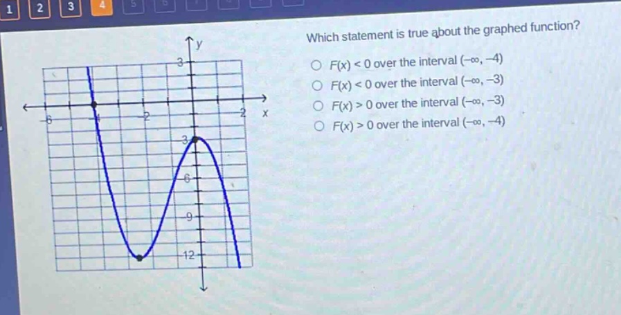 which statement is true about the graphed function? f(x) < 0 over the interval (-∞, -4) f(x) < 0 over the interval (-∞, -3) f(x) > 0 over the interval (-∞, -3) f(x) > 0 over the interval (-∞, -4)