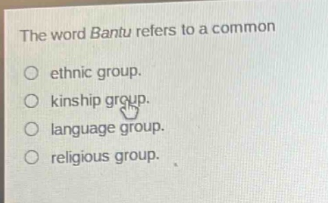 the word bantu refers to a common\no ethnic group.\no kinship group.\no language group.\no religious group.