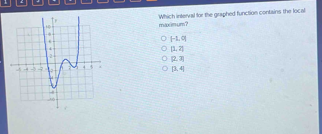 which interval for the graphed function contains the local maximum?\n-1, 0\n1, 2\n2, 3\n3, 4