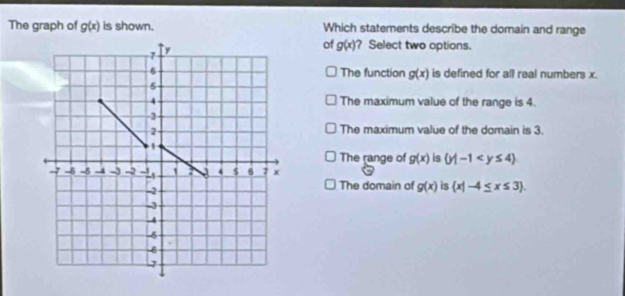the graph of g(x) is shown. which statements describe the domain and range of g(x)? select two options. the function g(x) is defined for all real numbers x. the maximum value of the range is 4. the maximum value of the domain is 3. the range of g(x) is {y|-1 < y ≤ 4}. the domain of g(x) is {x|-4 ≤ x ≤ 3}.