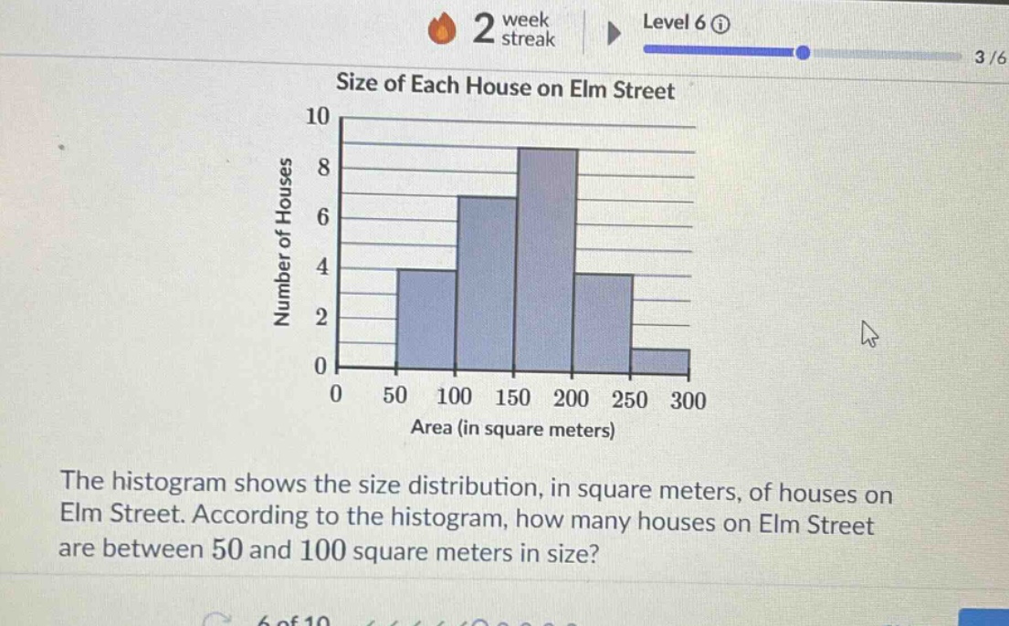 the histogram shows the size distribution, in square meters, of houses on elm street. according to the histogram, how many houses on elm street are between 50 and 100 square meters in size?