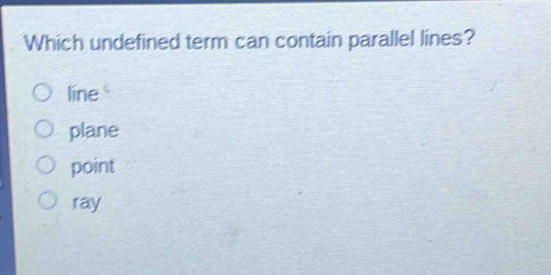 which undefined term can contain parallel lines?\nline\nplane\npoint\nray
