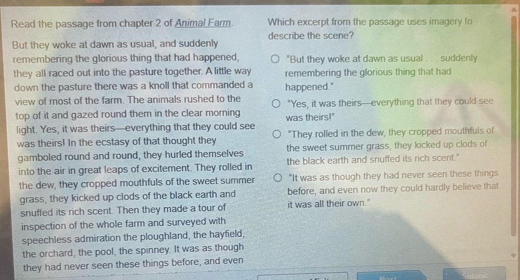 read the passage from chapter 2 of animal farm. but they woke at dawn as usual, and suddenly remembering the glorious thing that had happened, they all raced out into the pasture together. a little way down the pasture there was a knoll that commanded a view of most of the farm. the animals rushed to the top of it and gazed round them in the clear morning light. yes, it was theirs—everything that they could see was theirs! in the ecstasy of that thought they gamboled round and round, they hurled themselves into the air in great leaps of excitement. they rolled in the dew, they cropped mouthfuls of the sweet summer grass, they kicked up clods of the black earth and snuffed its rich scent. then they made a tour of inspection of the whole farm and surveyed with speechless admiration the ploughland, the hayfield, the orchard, the pool, the spinney. it was as though they had never seen these things before, and even now they could hardly believe that it was all their own. which excerpt from the passage uses imagery to describe the scene? \but they woke at dawn as usual... suddenly remembering the glorious thing that had happened.\ \yes, it was theirs—everything that they could see was theirs!\ \they rolled in the dew, they cropped mouthfuls of the sweet summer grass, they kicked up clods of the black earth and snuffed its rich scent.\ \it was as though they had never seen these things before, and even now they could hardly believe that it was all their own.\