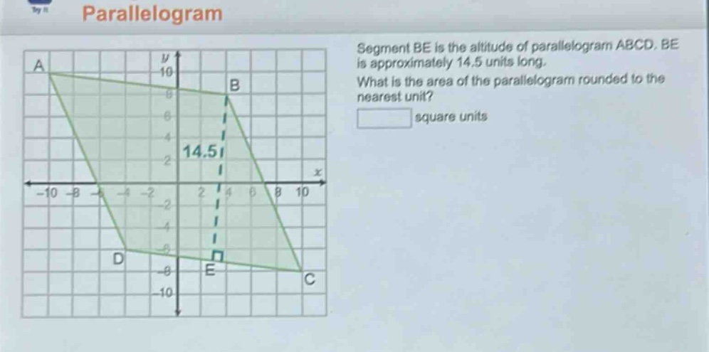 segment be is the altitude of parallelogram abcd. be is approximately 14.5 units long. what is the area of the parallelogram rounded to the nearest unit? square units
