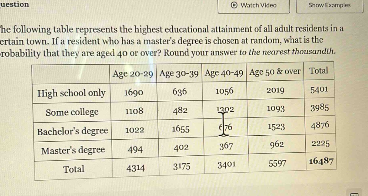 the following table represents the highest educational attainment of all adult residents in a certain town. if a resident who has a masters degree is chosen at random, what is the probability that they are aged 40 or over? round your answer to the nearest thousandth.\n| | age 20 - 29 | age 30 - 39 | age 40 - 49 | age 50 & over | total |\n|--|--|--|--|--|--|\n| high school only | 1690 | 636 | 1056 | 2019 | 5401 |\n| some college | 1108 | 482 | 1302 | 1093 | 3985 |\n| bachelors degree | 1022 | 1655 | 676 | 1523 | 4876 |\n| masters degree | 494 | 402 | 367 | 962 | 2225 |\n| total | 4314 | 3175 | 3401 | 5597 | 16487 |