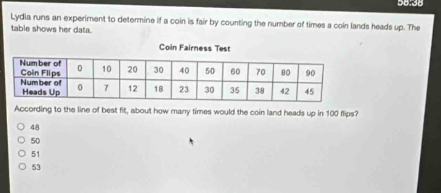 lydia runs an experiment to determine if a coin is fair by counting the number of times a coin lands heads up. the table shows her data. coin fairness test number of coin flips 0 10 20 30 40 50 60 70 80 90 number of heads up 0 7 12 18 23 30 35 38 42 45 according to the line of best fit, about how many times would the coin land heads up in 100 flips? 48 50 51 53