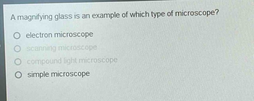 a magnifying glass is an example of which type of microscope?\no electron microscope\no scanning microscope\no compound light microscope\no simple microscope