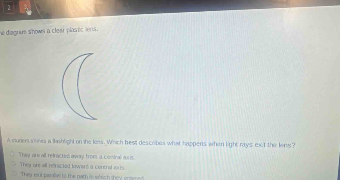 the diagram shows a clear plastic lens. a student shines a flashlight on the lens. which best describes what happens when light rays exit the lens? they are all refracted away from a central axis. they are all refracted toward a central axis. they exit parallel to the path in which they entered.