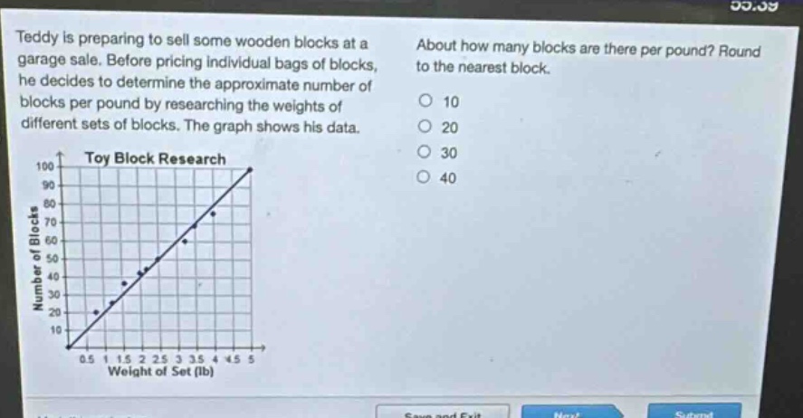 teddy is preparing to sell some wooden blocks at a garage sale. before pricing individual bags of blocks, he decides to determine the approximate number of blocks per pound by researching the weights of different sets of blocks. the graph shows his data. about how many blocks are there per pound? round to the nearest block. 10 20 30 40 toy block research 100 90 80 70 60 50 40 30 20 10 0 0.5 1 1.5 2 2.5 3 3.5 4 4.5 5 weight of set (lb) number of blocks