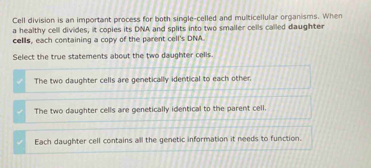 cell division is an important process for both single - celled and multicellular organisms. when a healthy cell divides, it copies its dna and splits into two smaller cells called daughter cells, each containing a copy of the parent cells dna. select the true statements about the two daughter cells. the two daughter cells are genetically identical to each other. the two daughter cells are genetically identical to the parent cell. each daughter cell contains all the genetic information it needs to function.