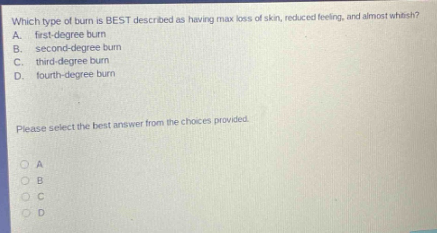 which type of burn is best described as having max loss of skin, reduced feeling, and almost whitish? a. first - degree burn b. second - degree burn c. third - degree burn d. fourth - degree burn please select the best answer from the choices provided.
