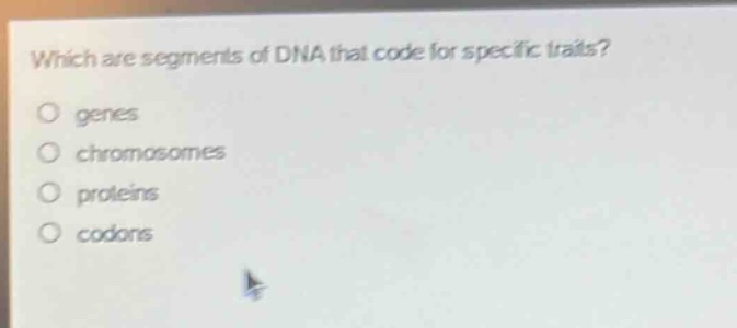 which are segments of dna that code for specific traits?\no genes\no chromosomes\no proteins\no codons
