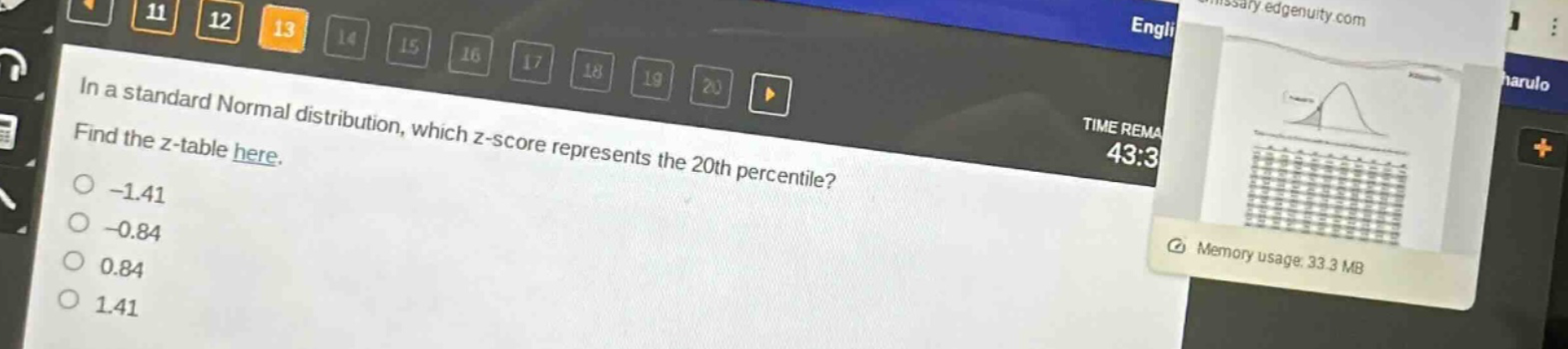 in a standard normal distribution, which z - score represents the 20th percentile? find the z - table here. -1.41 -0.84 0.84 1.41