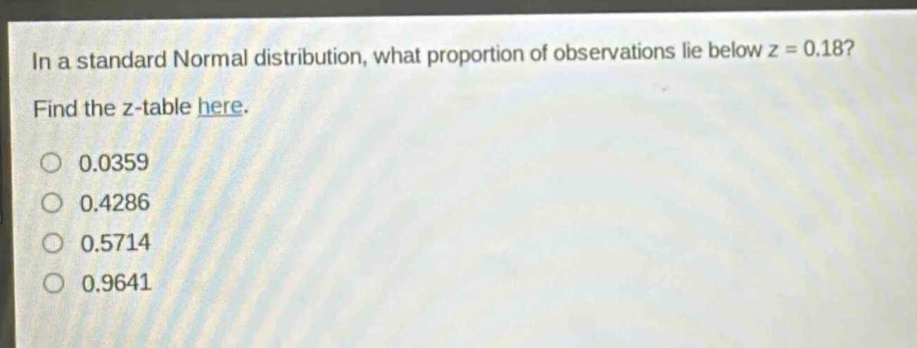 in a standard normal distribution, what proportion of observations lie below z = 0.18? find the z - table here. 0.0359 0.4286 0.5714 0.9641