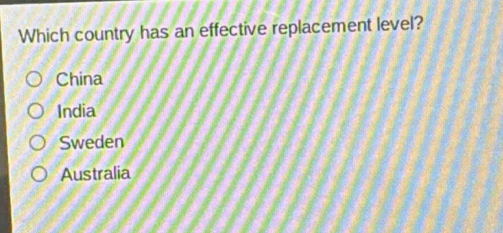 which country has an effective replacement level?\no china\no india\no sweden\no australia