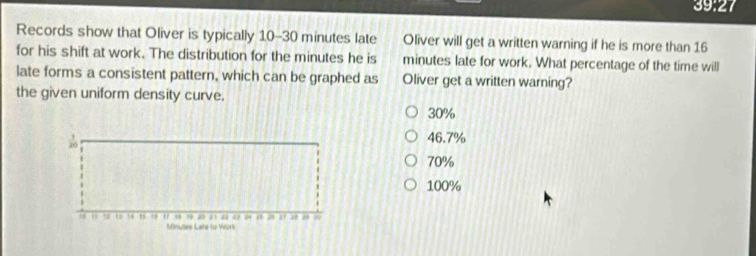records show that oliver is typically 10 - 30 minutes late for his shift at work. the distribution for the minutes he is late forms a consistent pattern, which can be graphed as the given uniform density curve. oliver will get a written warning if he is more than 16 minutes late for work. what percentage of the time will oliver get a written warning? 30% 46.7% 70% 100%