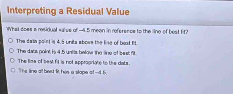 interpreting a residual value\nwhat does a residual value of -4.5 mean in reference to the line of best fit?\nthe data point is 4.5 units above the line of best fit.\nthe data point is 4.5 units below the line of best fit.\nthe line of best fit is not appropriate to the data.\nthe line of best fit has a slope of -4.5.