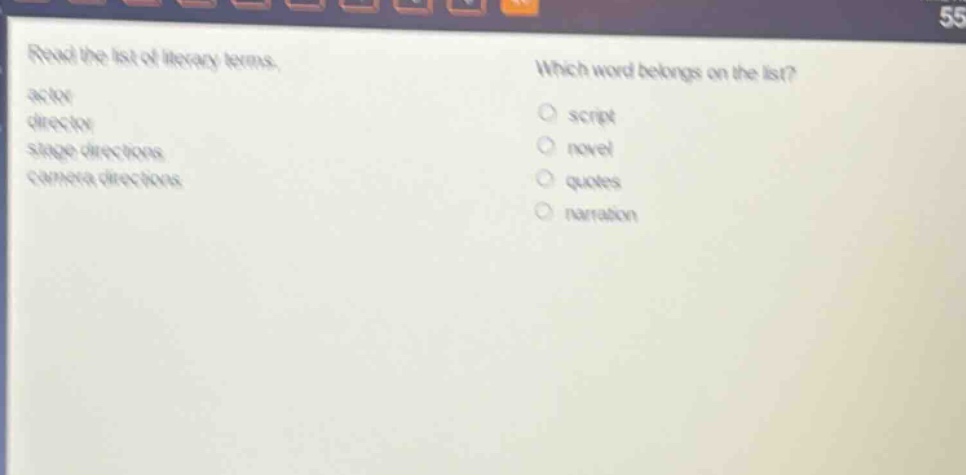 read the list of literary terms. actor director stage directions camera directions which word belongs on the list? script novel quotes narration