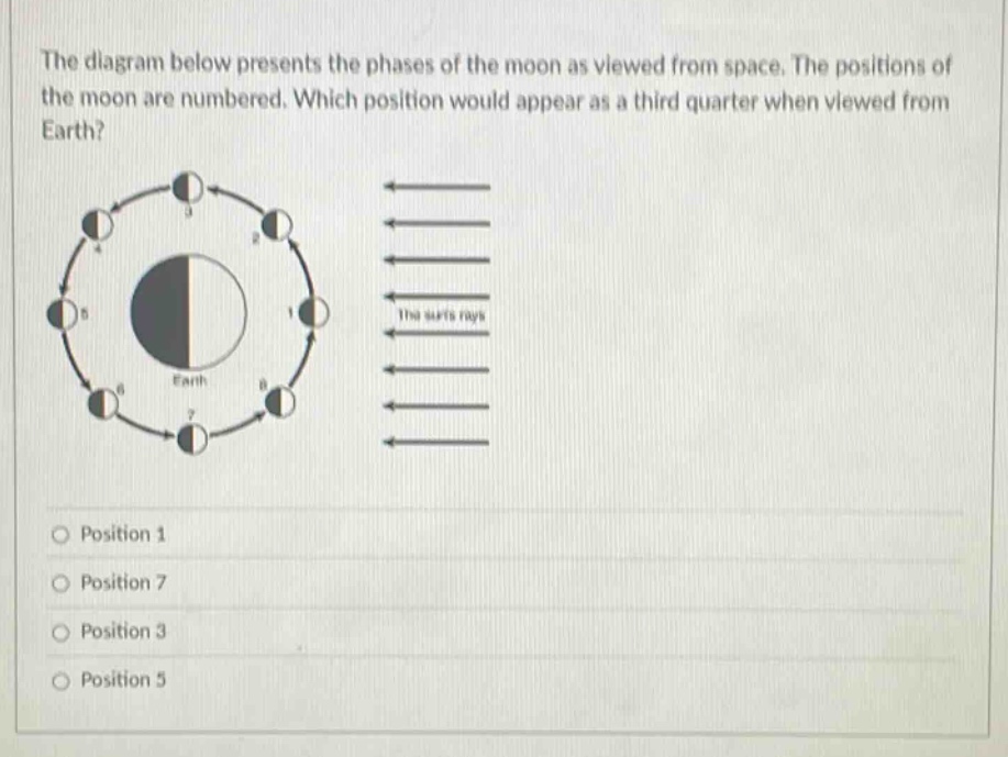the diagram below presents the phases of the moon as viewed from space. the positions of the moon are numbered. which position would appear as a third quarter when viewed from earth? position 1 position 7 position 3 position 5