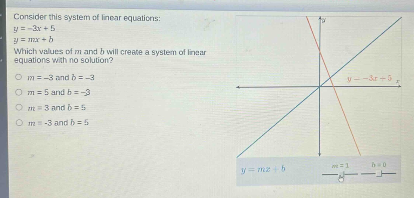 consider this system of linear equations: y = -3x + 5 y = mx + b which values of m and b will create a system of linear equations with no solution? o m = -3 and b = -3 o m = 5 and b = -3 o m = 3 and b = 5 o m = -3 and b = 5