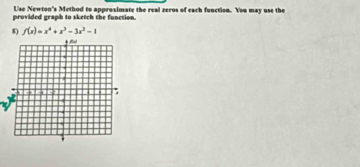 use newtons method to approximate the real zeros of each function. you may use the provided graph to sketch the function. 8) f(x)=x^4 + x^3 - 3x^2 - 1