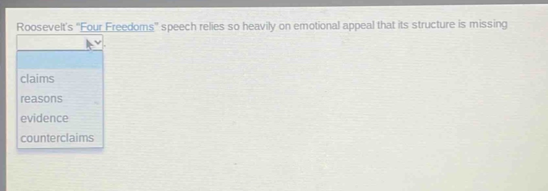 roosevelts \four freedoms\ speech relies so heavily on emotional appeal that its structure is missing claims reasons evidence counterclaims