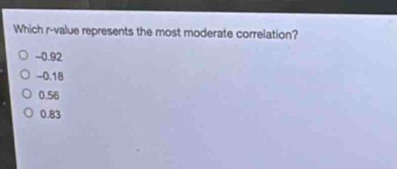 which r - value represents the most moderate correlation?\n-0.92\n-0.18\n0.56\n0.83