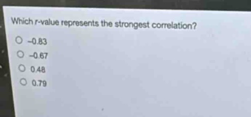 which r - value represents the strongest correlation?\n-0.83\n-0.67\n0.48\n0.79