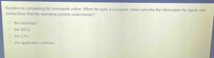 gustavo is completing his homework online. when he uses a computer, what converts the information he inputs into instructions that the operating system understands? the keyboard the bios the cpu the application software