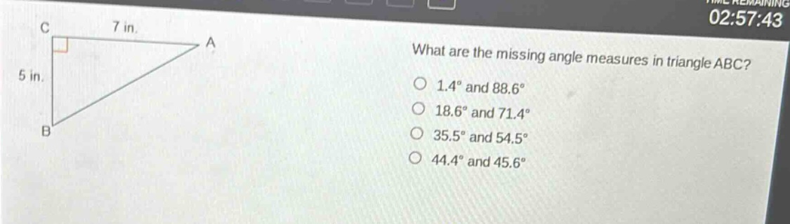 what are the missing angle measures in triangle abc? 1.4° and 88.6° 18.6° and 71.4° 35.5° and 54.5° 44.4° and 45.6°