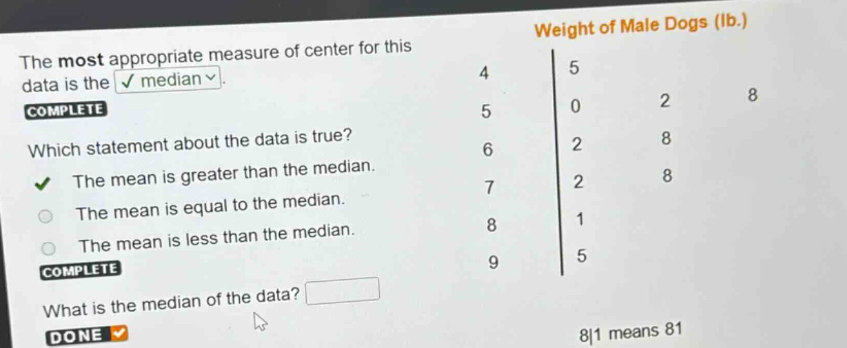 the most appropriate measure of center for this data is the median. complete which statement about the data is true? the mean is greater than the median. the mean is equal to the median. the mean is less than the median. complete what is the median of the data? done 8|1 means 81 weight of male dogs (lb.) 4 5 5 0 2 8 6 2 8 7 2 8 8 1 9 5
