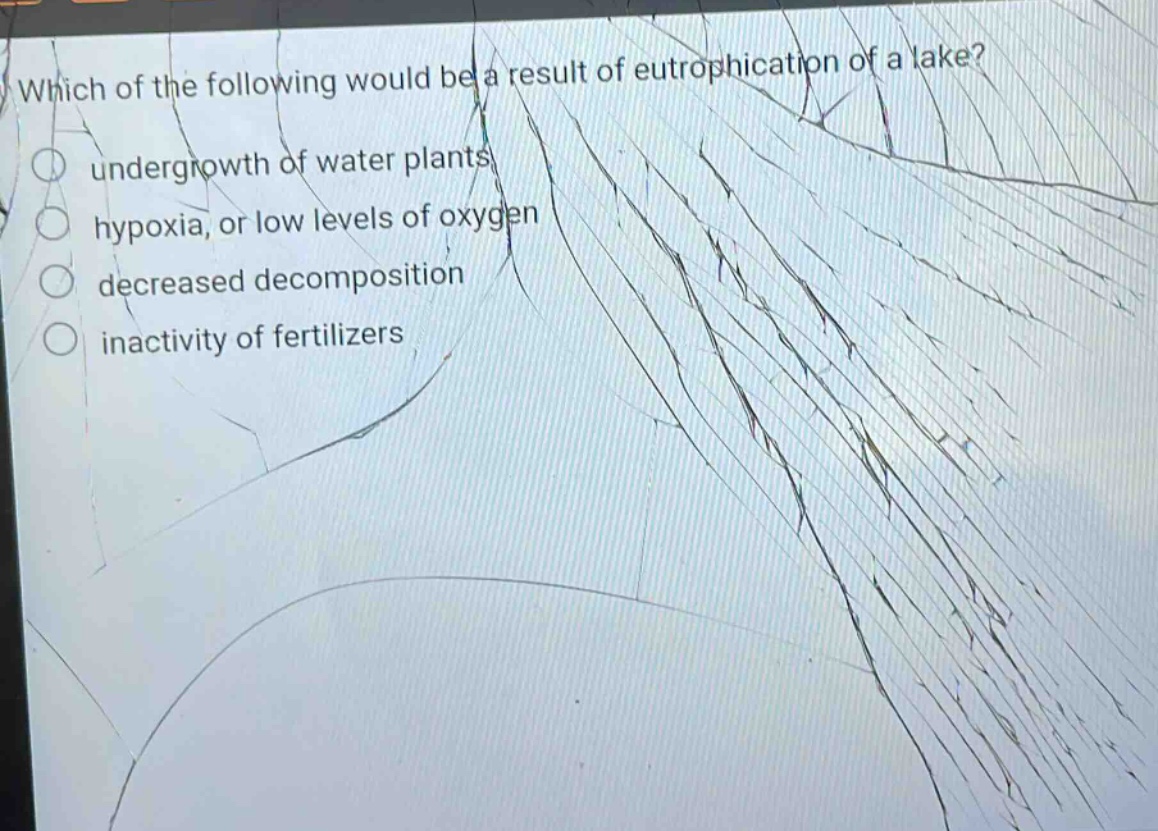 which of the following would be a result of eutrophication of a lake?\nundergrowth of water plants\nhypoxia, or low levels of oxygen\ndecreased decomposition\ninactivity of fertilizers