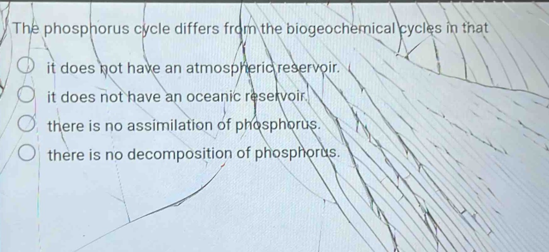 the phosphorus cycle differs from the biogeochemical cycles in that it does not have an atmospheric reservoir. it does not have an oceanic reservoir. there is no assimilation of phosphorus. there is no decomposition of phosphorus.