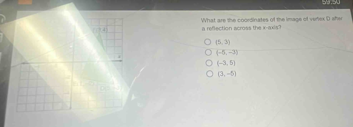 what are the coordinates of the image of vertex d after a reflection across the x - axis? (5, 3) (-5, -3) (-3, 5) (3, -5)