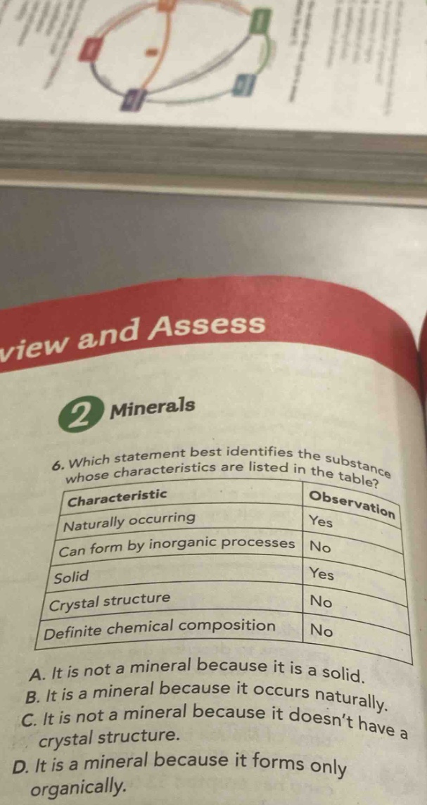 view and assess 2 minerals 6. which statement best identifies the substance whose characteristics are listed in the table? characteristic observation naturally occurring yes can form by inorganic processes no solid yes crystal structure no definite chemical composition no a. it is not a mineral because it is a solid. b. it is a mineral because it occurs naturally. c. it is not a mineral because it doesnt have a crystal structure. d. it is a mineral because it forms only organically.