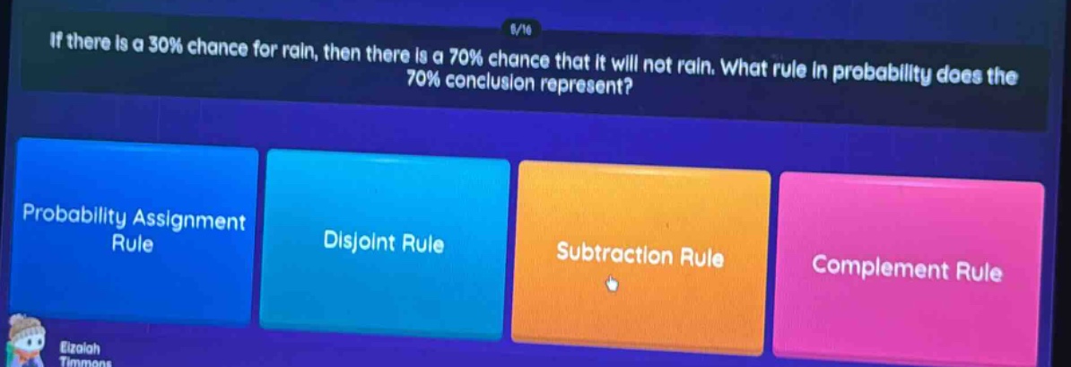 if there is a 30% chance for rain, then there is a 70% chance that it will not rain. what rule in probability does the 70% conclusion represent? probability assignment rule disjoint rule subtraction rule complement rule