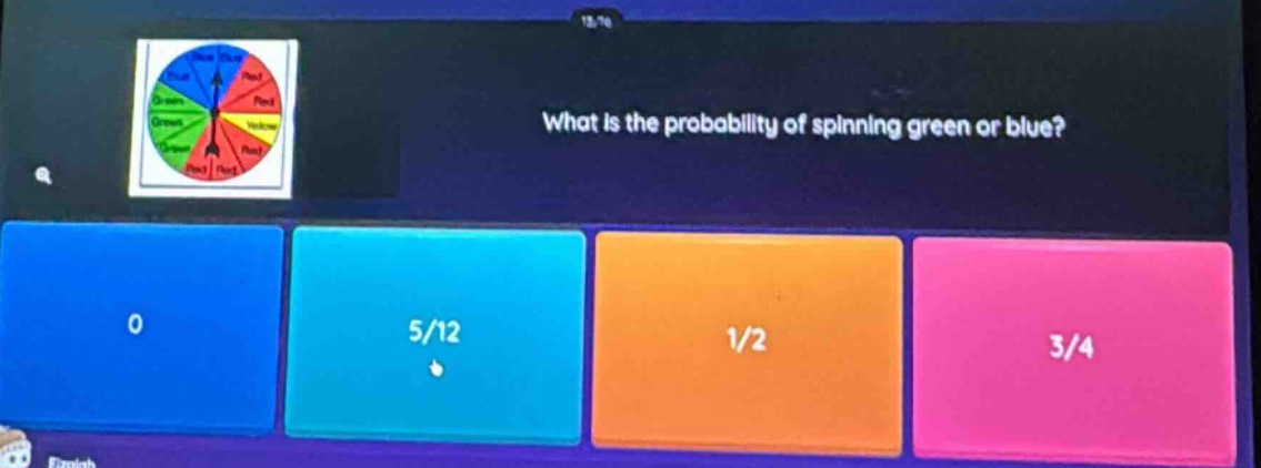 what is the probability of spinning green or blue? 0 5/12 1/2 3/4