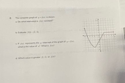 8. the complete graph of y = f(x) is shown. a. on what interval(s) is f(x) constant? b. evaluate f(3)-f(-2). c. if f(a) represents the y - intercept of the graph of y = f(x), what is the value of a? what is f(a)? d. which value is greater, f(-1) or f(5)?